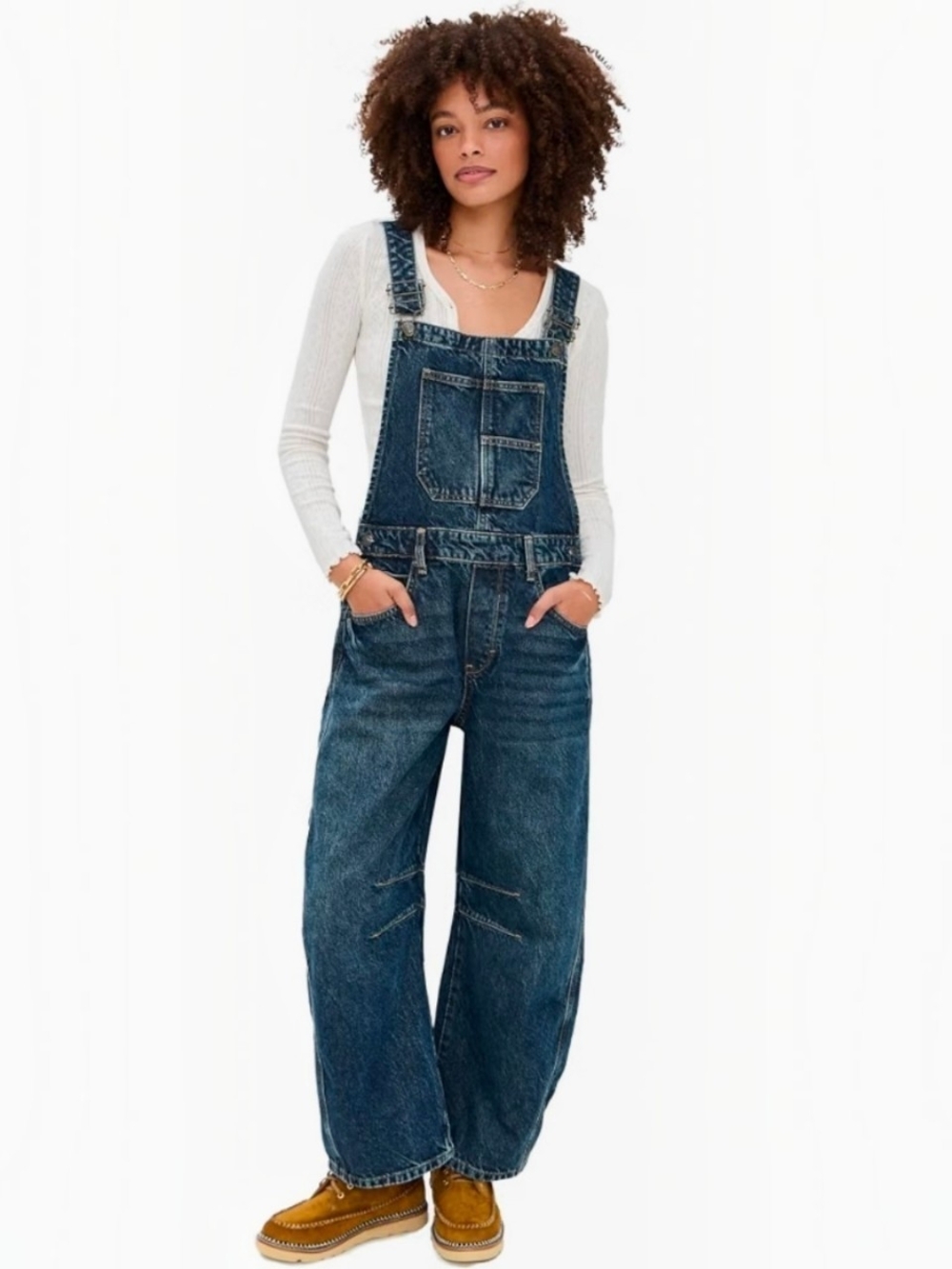 We The Free Dark Wash Blue Denim Wide-Leg Overalls